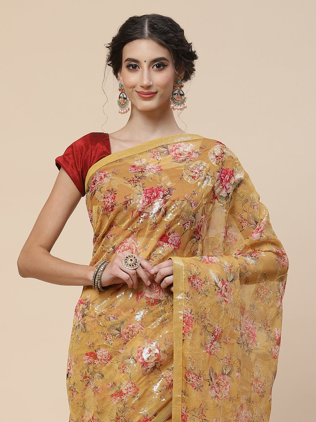 Floral Digital Printed Sequence Organza Saree
