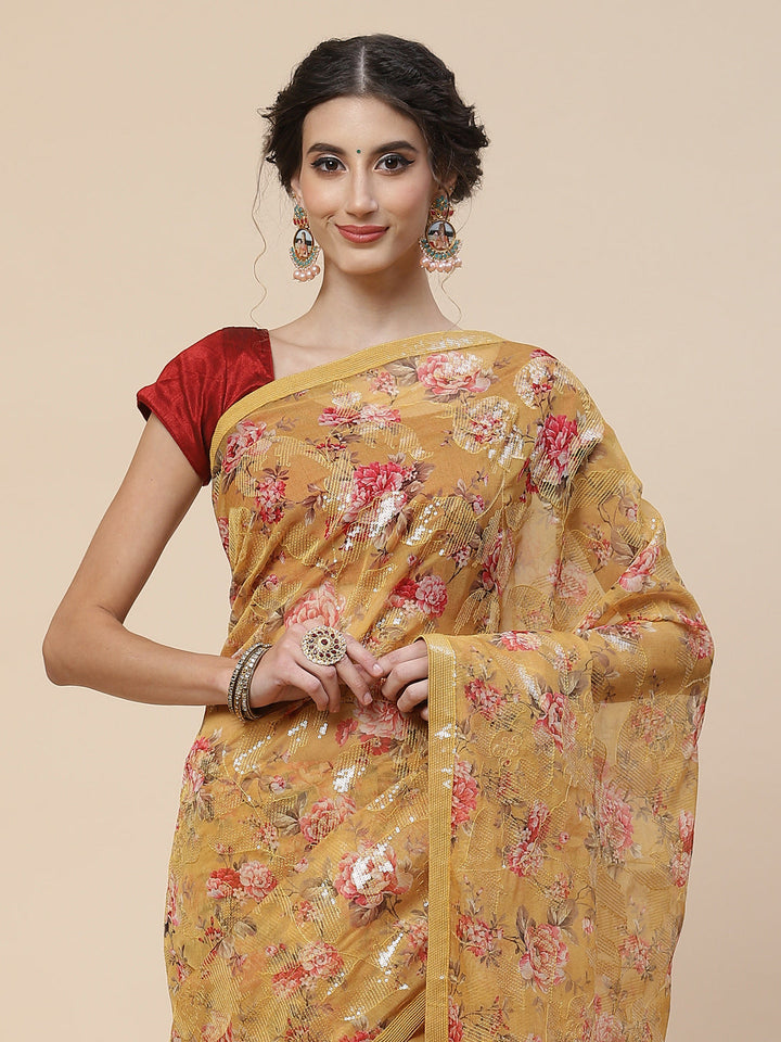 Floral Digital Printed Sequence Organza Saree