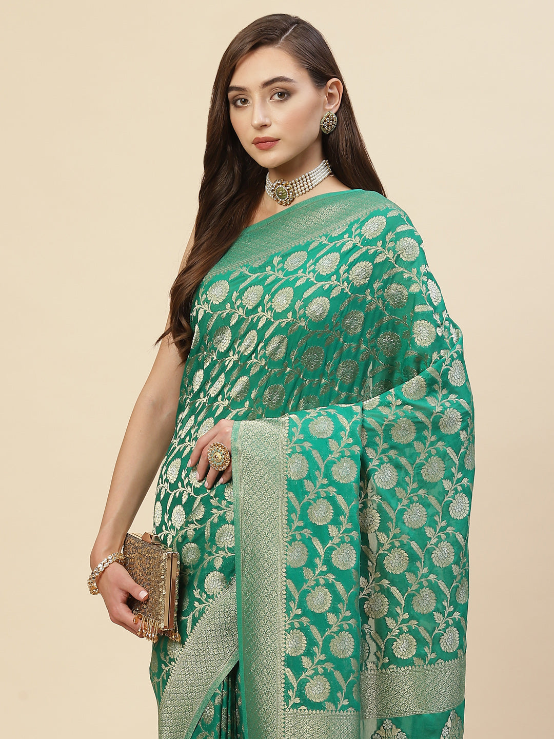 Floral Zari Jaal Georgette  Plain Saree