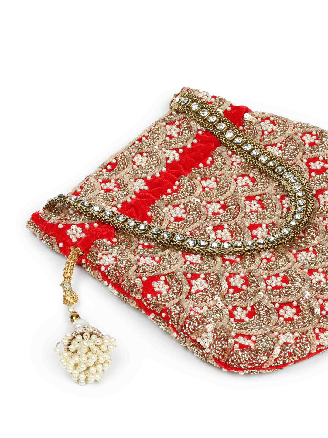 Golden Sequin &amp; Pearl Embroidered Potli Bag