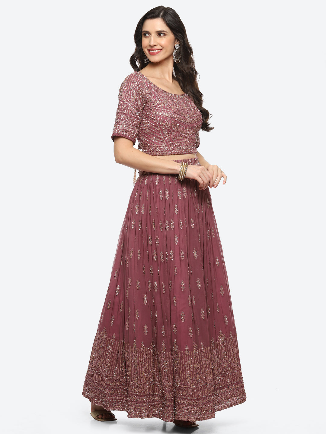 Resham Embroidered Georgette Choli With Lehenga &amp; Net Dupatta