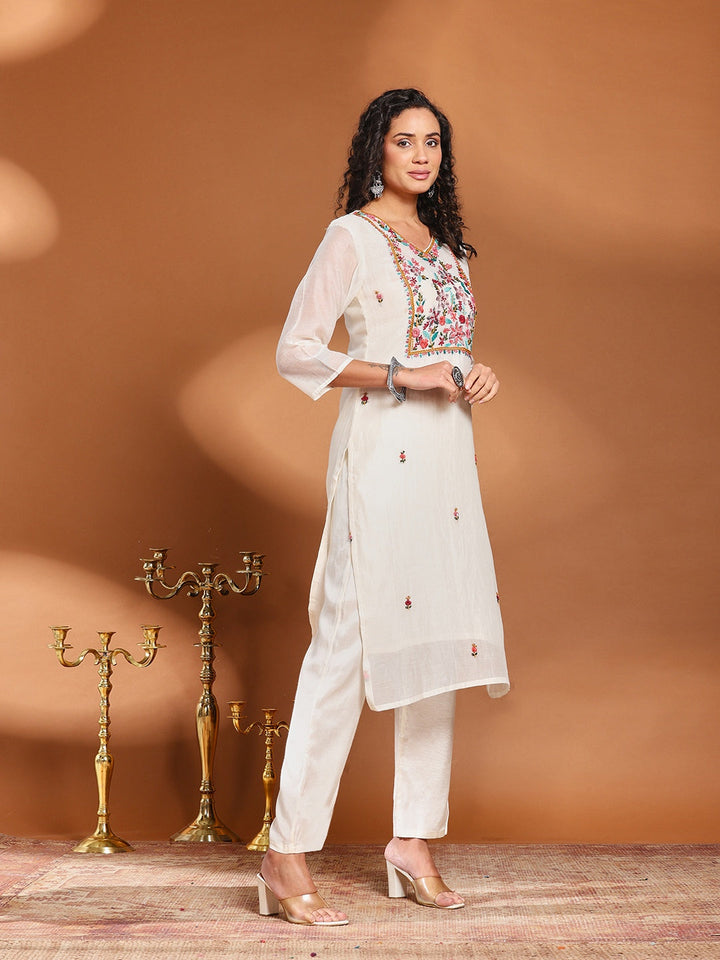Embroidered Cotton Blend Kurta With Pant &amp; Dupatta
