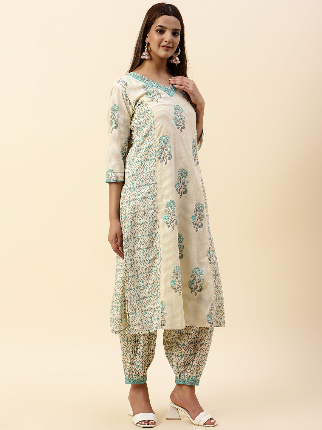 Printed Cotton Kurta With Pants &amp; Dupatta