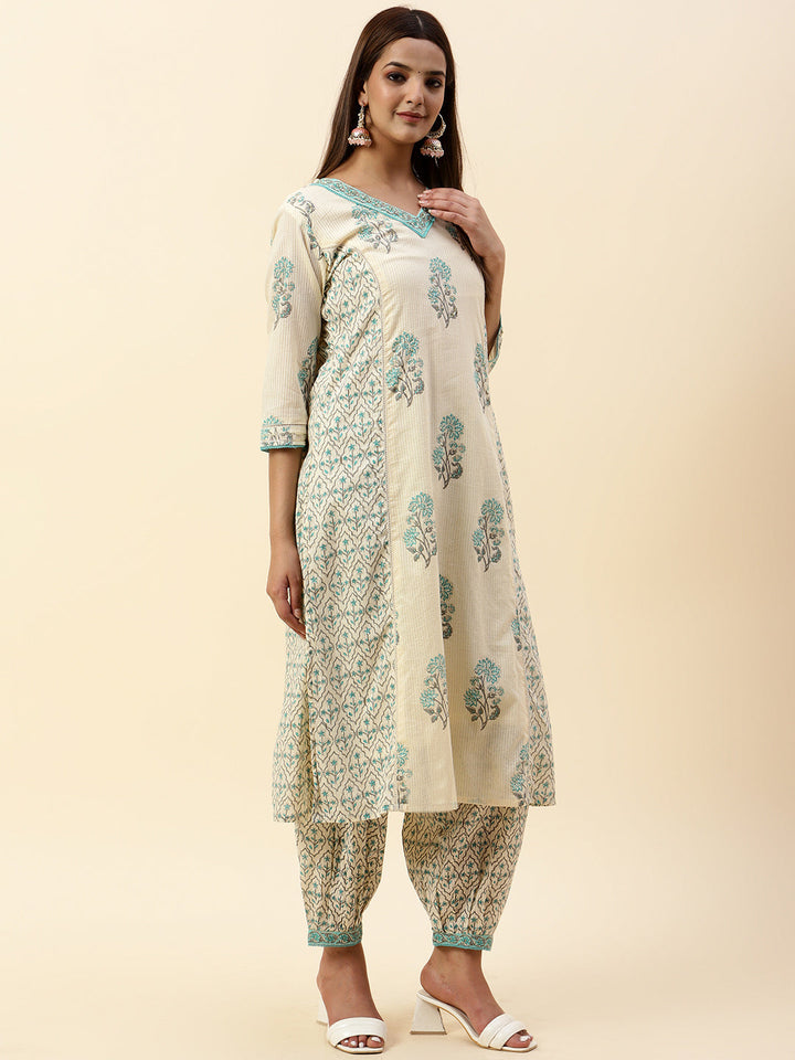 Printed Cotton Kurta With Pants &amp; Dupatta