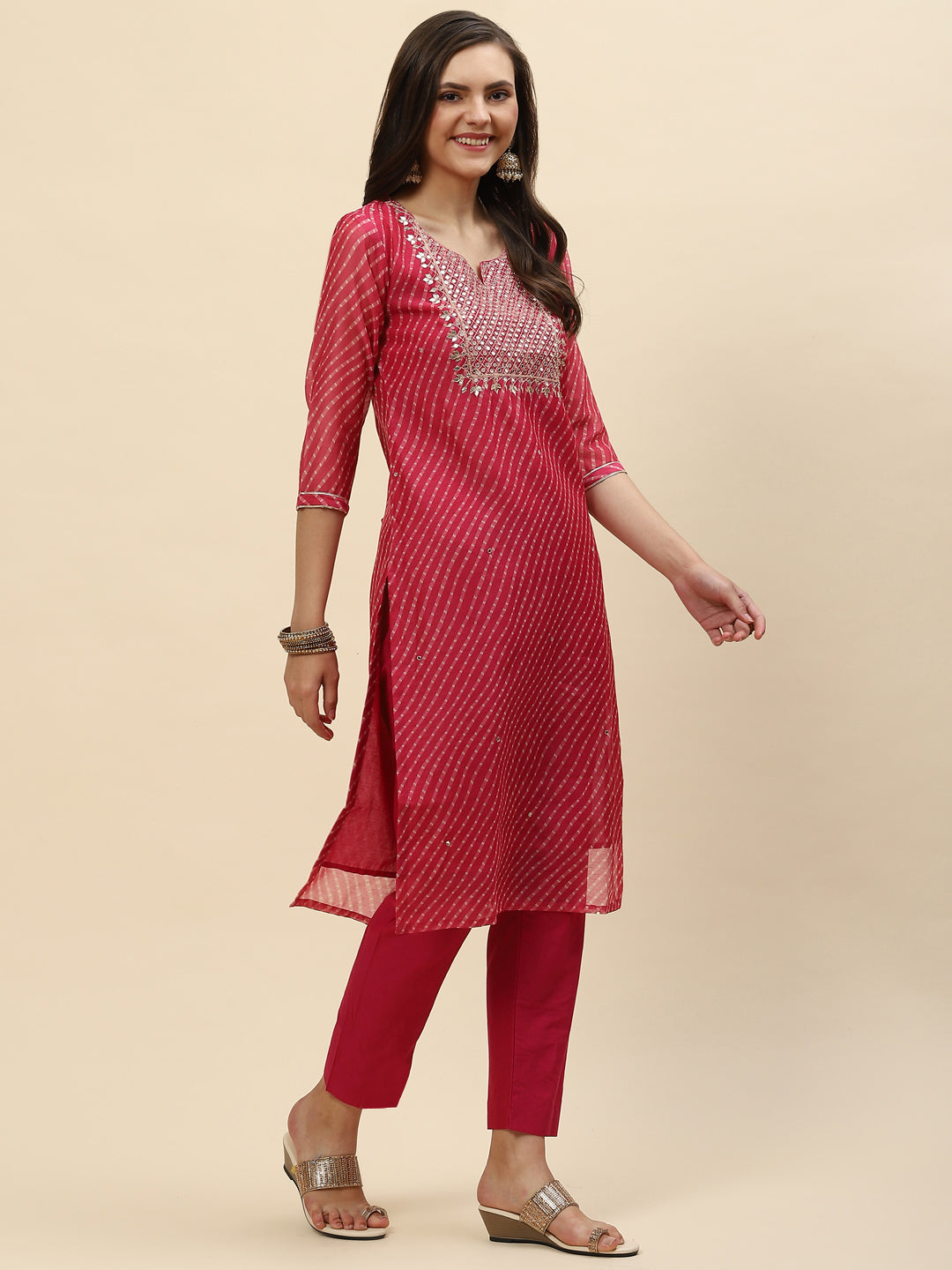 Mirror Embroidered &amp; Lehriya Chanderi Kurta With Pants