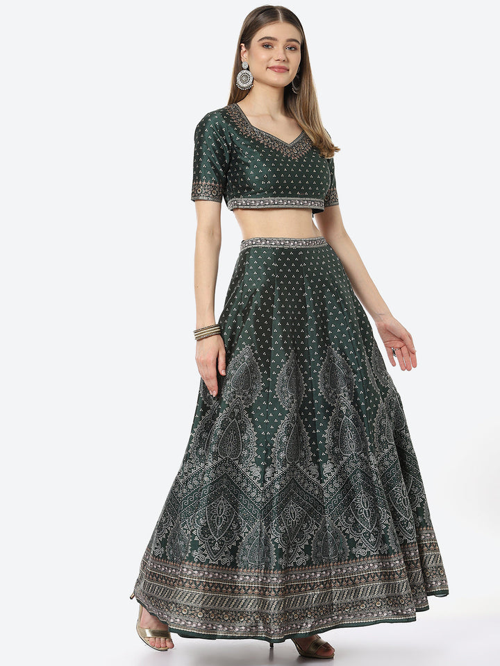Digital Printed Tussar Silk Choli With Lehenga &amp; Net Dupatta