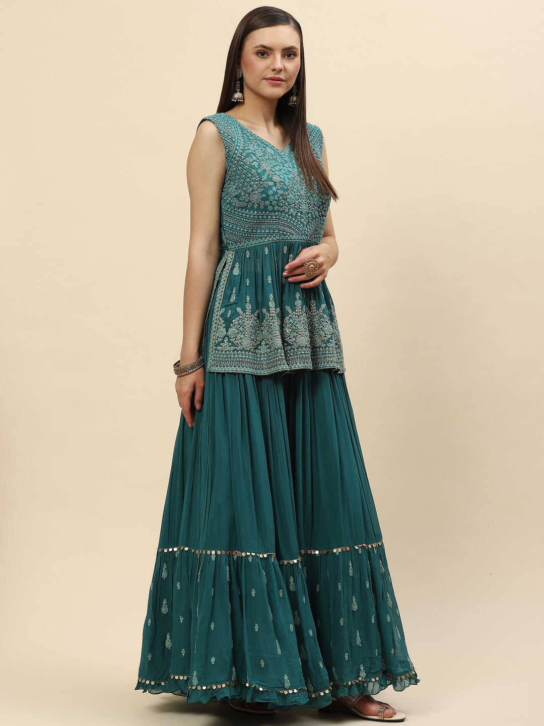 Resham Zari Embroidered Georgette Peplum Choli With Lehenga & Dupatta