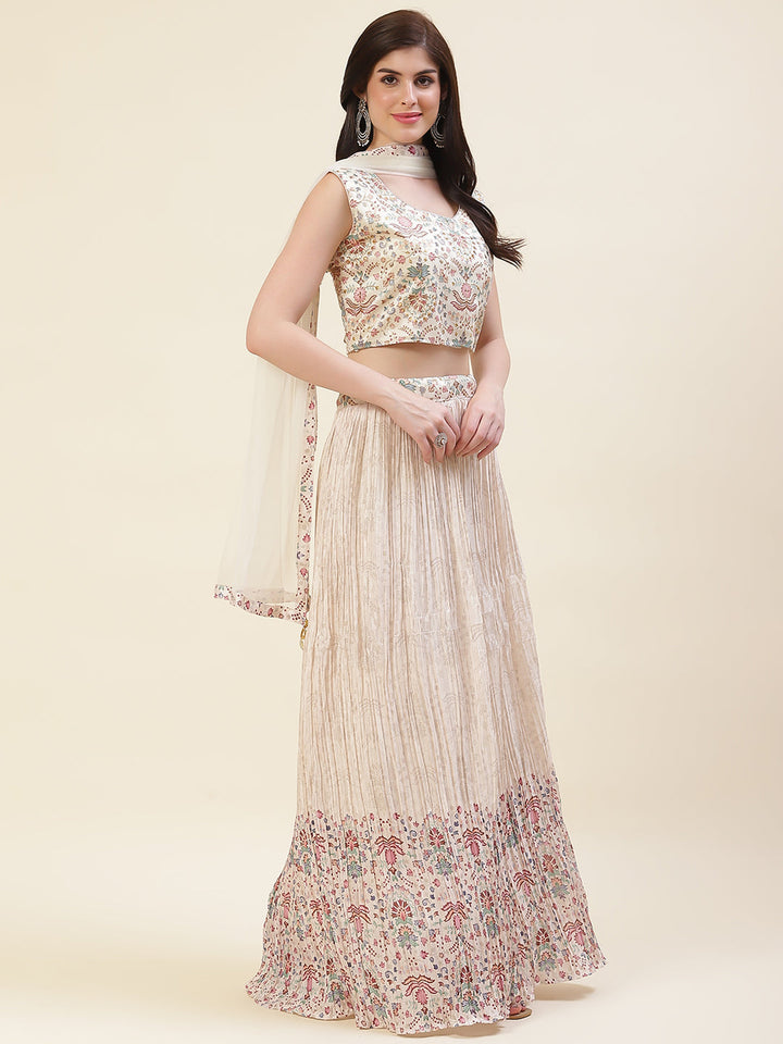 Floral Printed Crepe Choli With Lehenga &amp; Dupatta