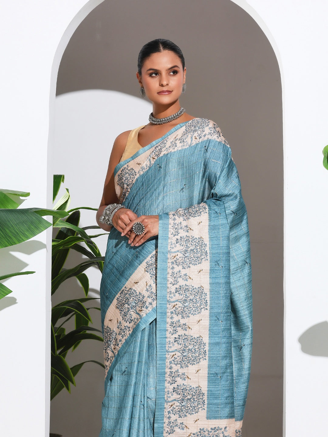 Floral Printed Tussar Silk Saree