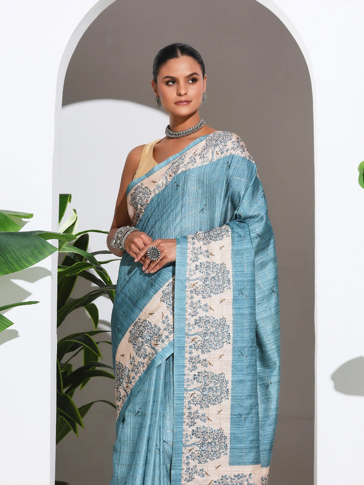 Floral Printed Tussar Silk Saree