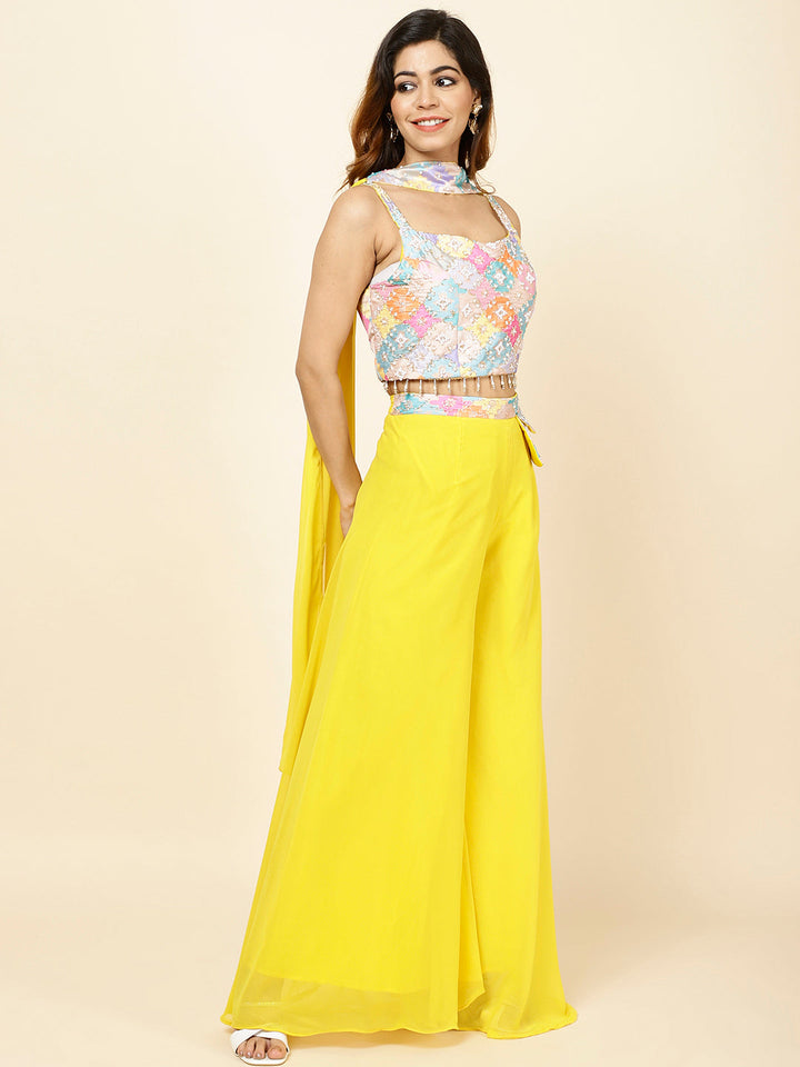Neck Embroidered Georgette Crop Top With Palazzo &amp; Dupatta