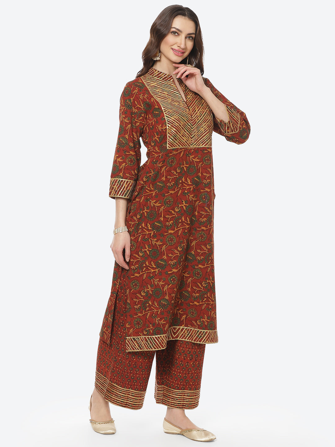 Printed Gota Neck Work Cotton Kurti With Palazzo