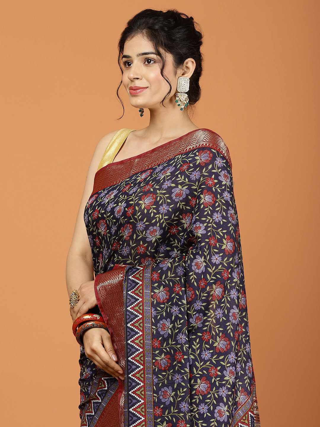 Floral Zari Border Printed Art Silk Woven Saree