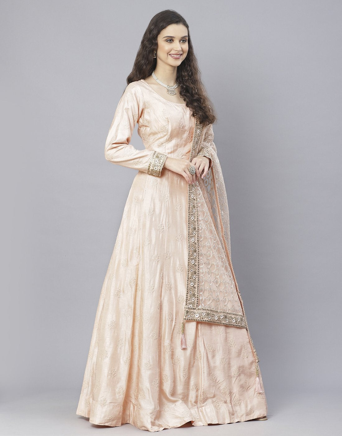 Peach, Sky Blue and Yellow Cotton Chanderi Anarkali Salwar Kameez