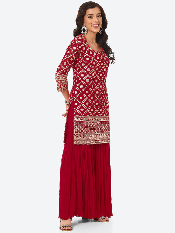 Zari Zaal Embroidered Georgette Kurti With Sharara &amp; Dupatta