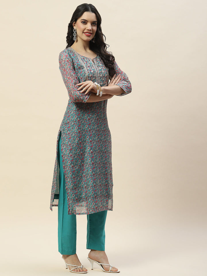 Printed Gota Work Chanderi Kurta With Pants