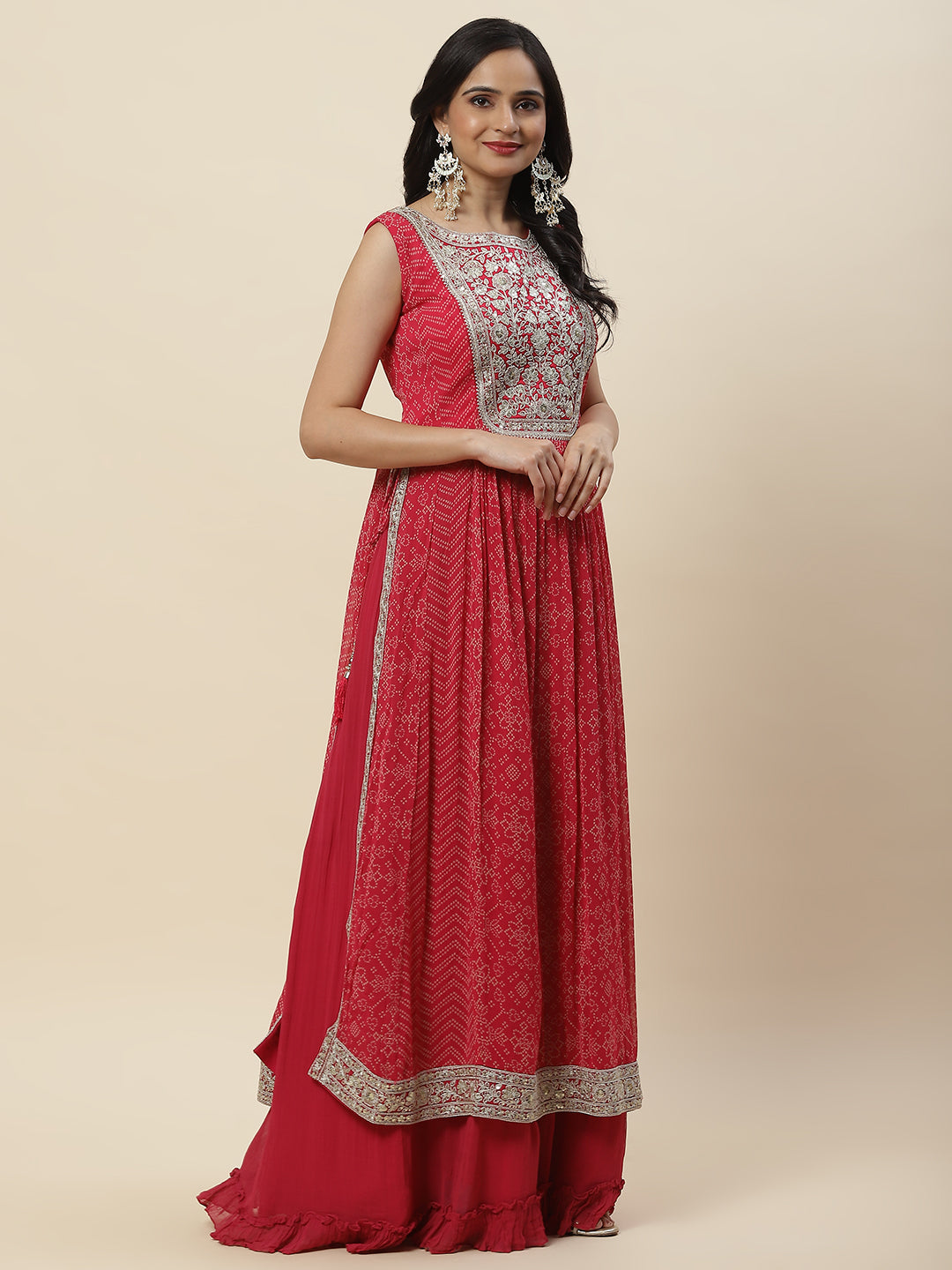 Bandhani Printed Georgette Long Kurta With Skirt & Dupatta