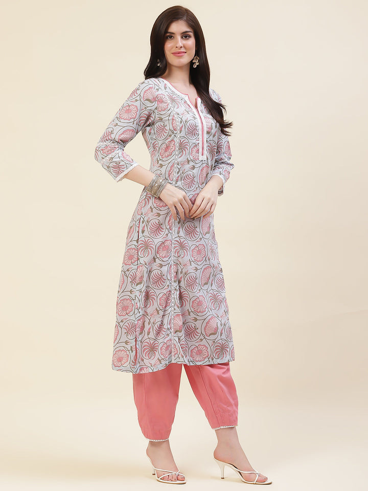 Floral Printed Cotton Kurta With Pants