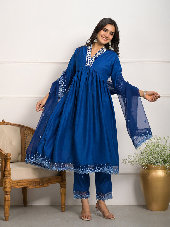 Neck Embroidery Muslin Kurta With Pants &amp; Dupatta