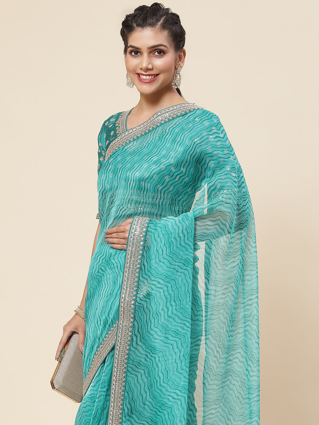 Printed &amp; Embroidered Border Organza Saree
