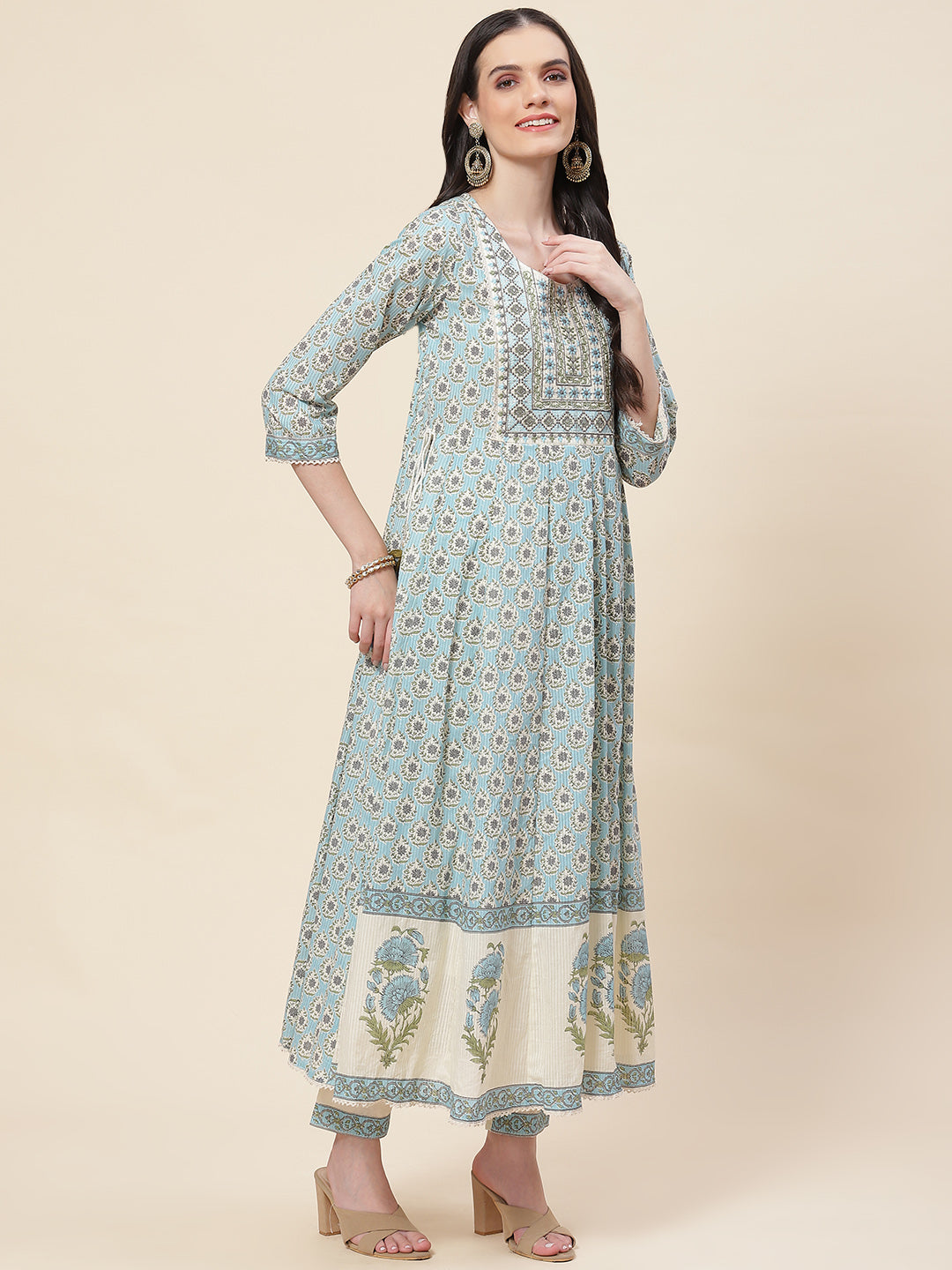 Floral Printed Cotton Kurta With Pants &amp; Dupatta