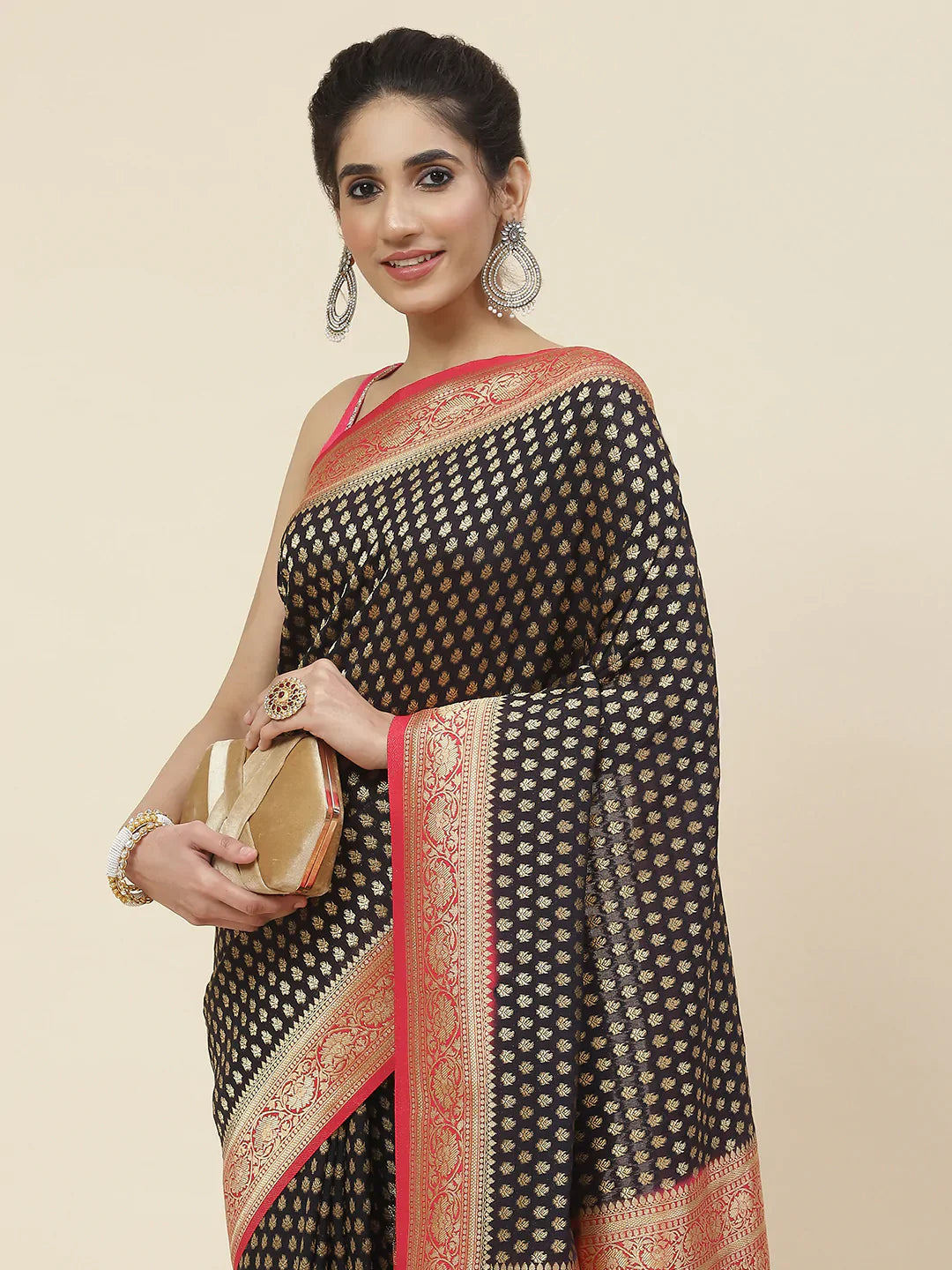 Zari Booti Crepe Plain Saree