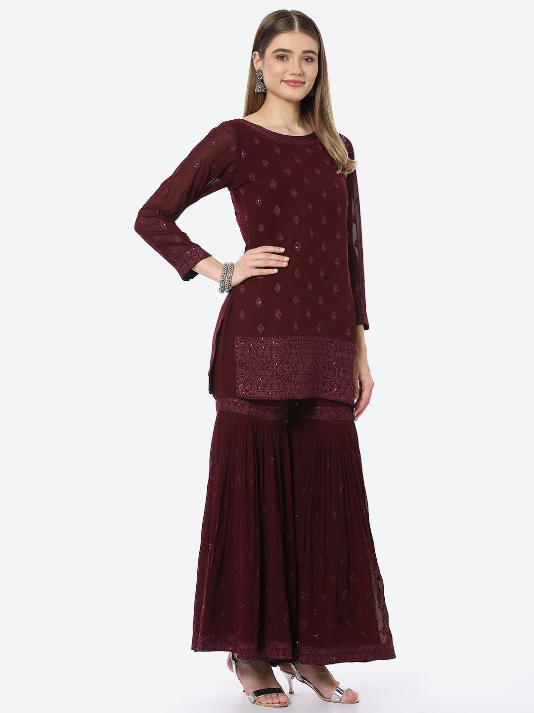 Resham Booti Georgette Kurta With Garara &amp; Georgette Dupatta