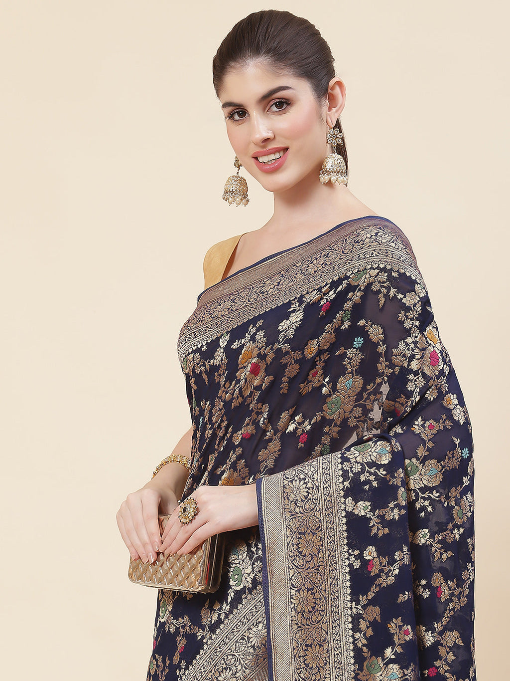 Floral Zari Jaal Georgette Plain Saree