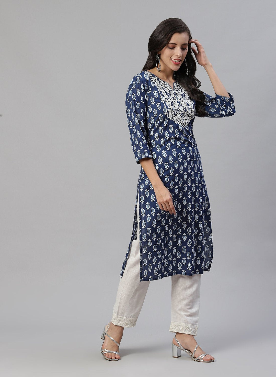 Yoke Embroidered Cotton Printed Kurti Pant Set