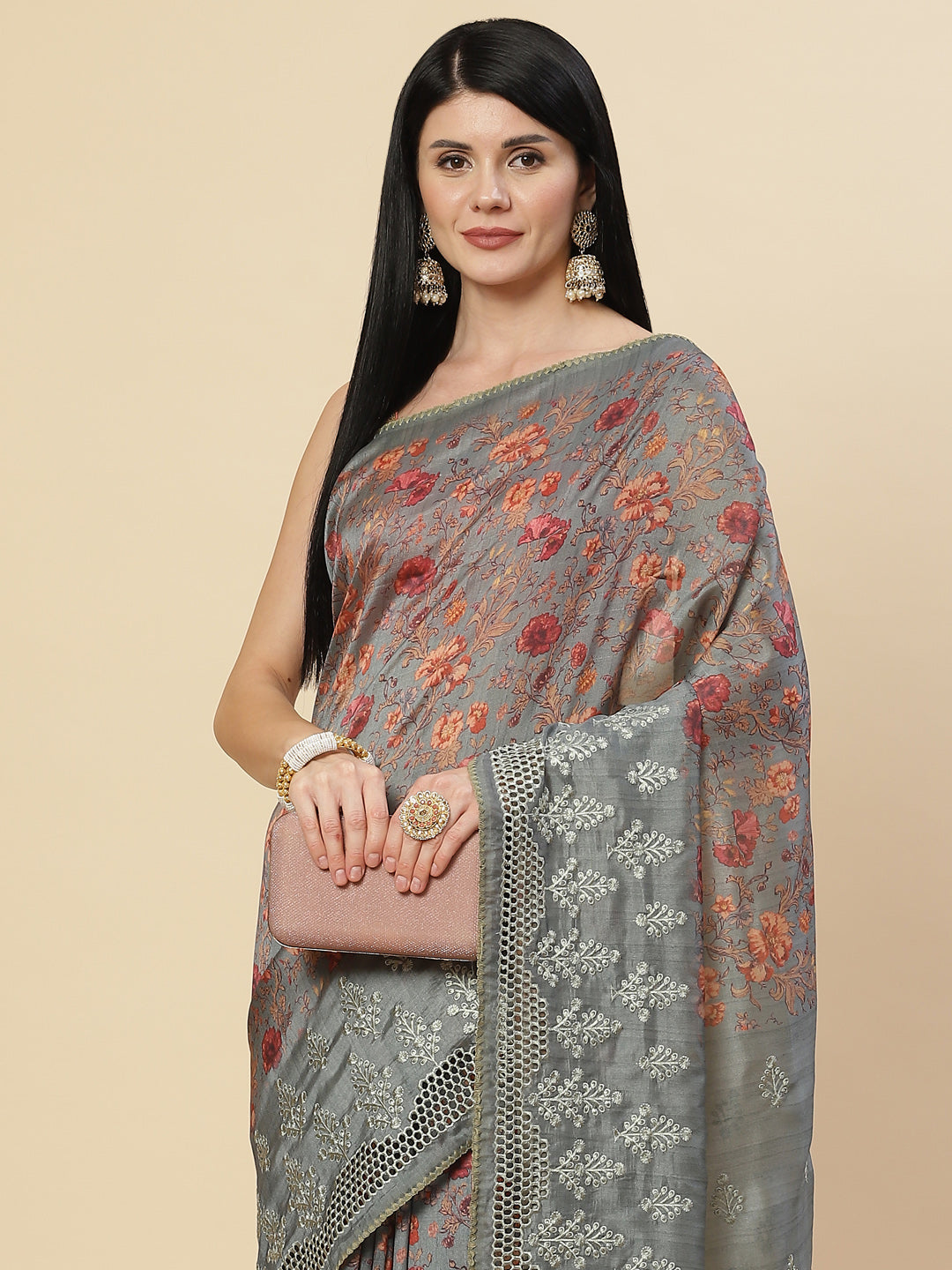 Floral Printed &amp; Embroidered Handloom Saree