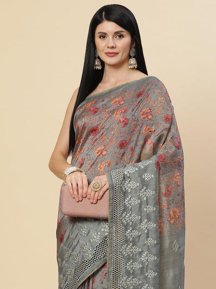 Floral Printed &amp; Embroidered Handloom Saree