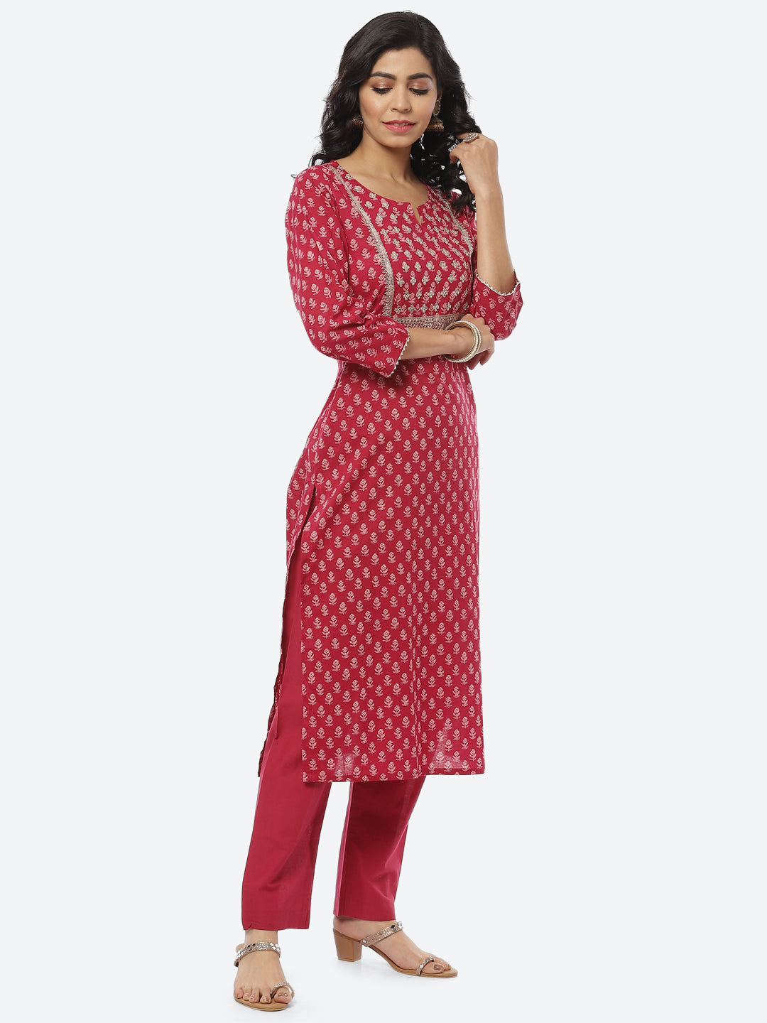 Printed Zari Neck Cotton Kurti With Pant