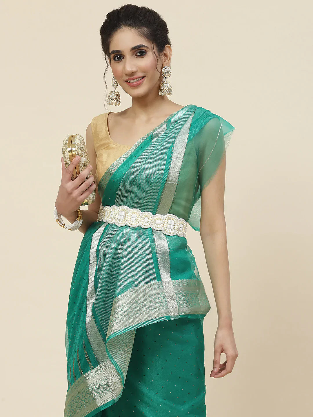 Stone Work Organza Plain Saree