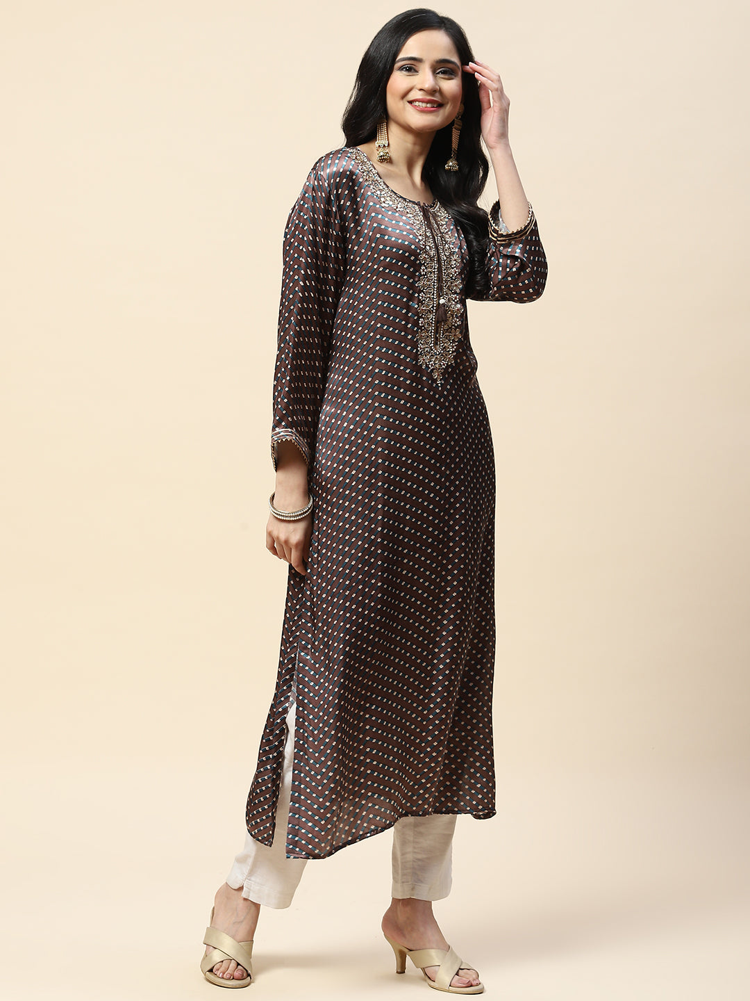 Printed With Yoke Embroidered Satin Kurta