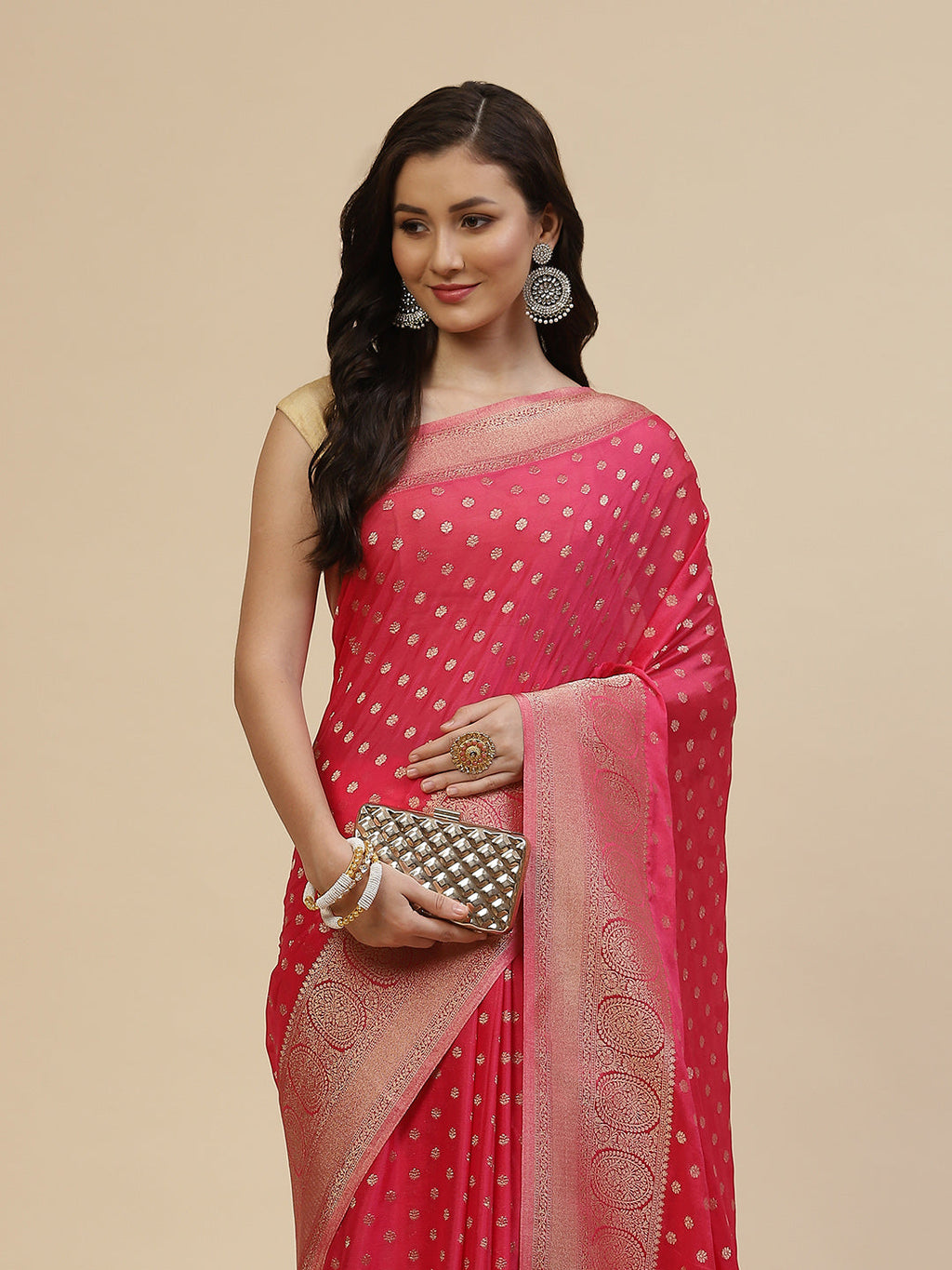 Zari Booti Crepe Plain Saree