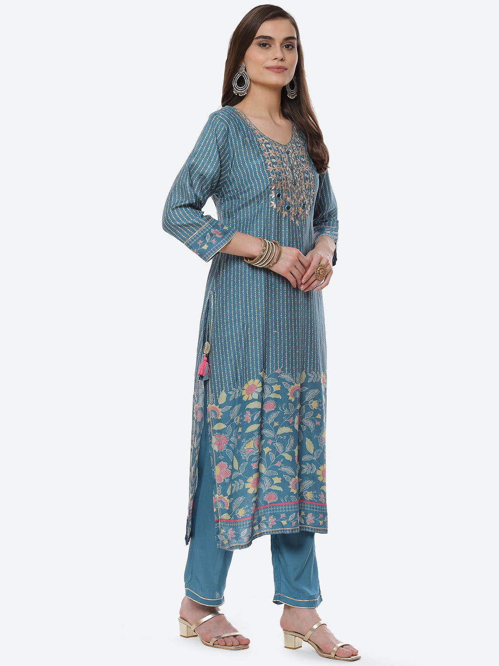 Mirror Work & Printed Muslin Kurta With Pant & Chiffon Dupatta