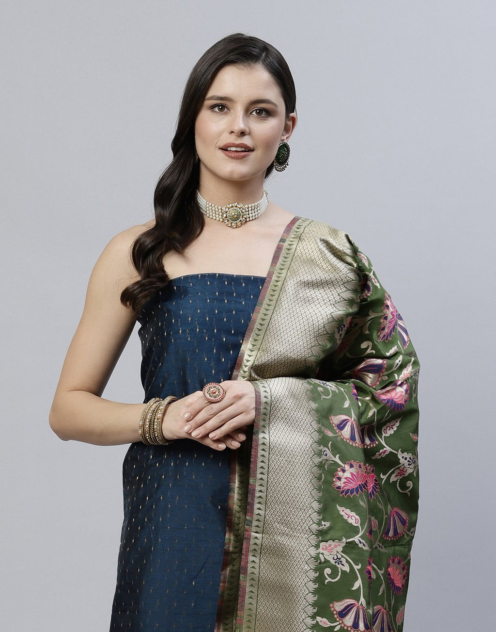 Chanderi Suit Piece With Embroidered Dupatta