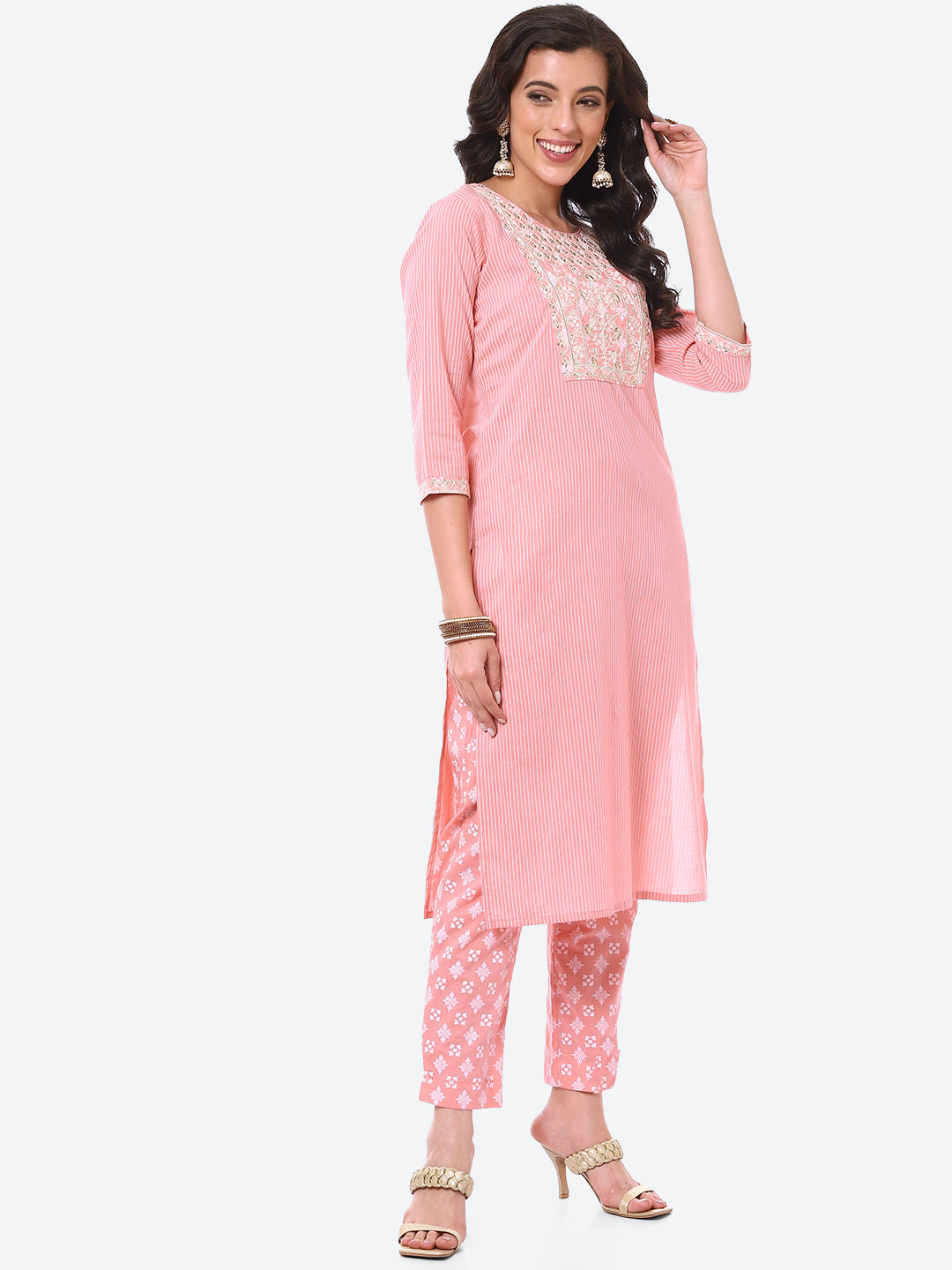 Zari Embroidered Yoke Printed Cotton Kurta With Pant