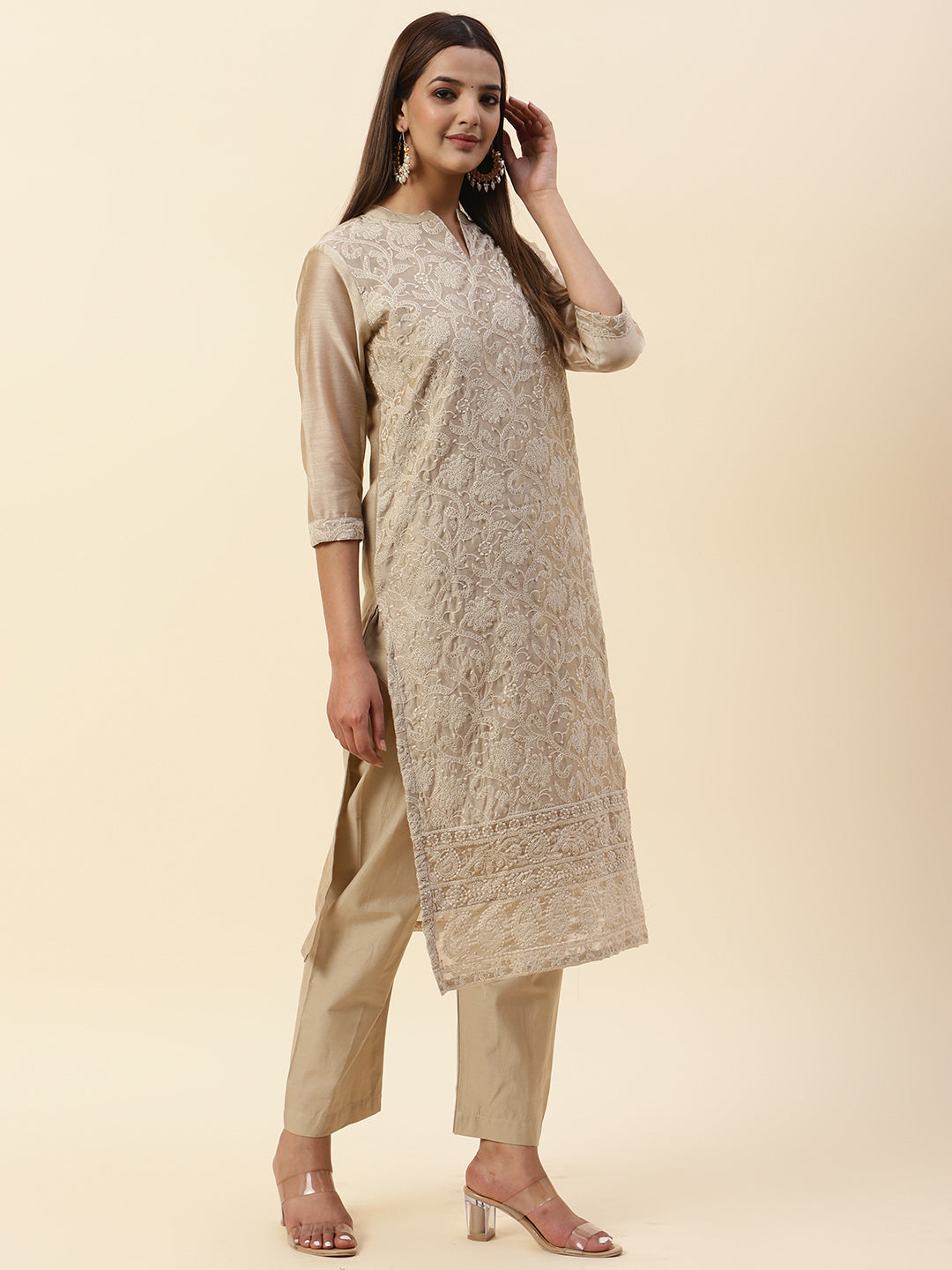 Embroidered Chanderi Kurta With Pants