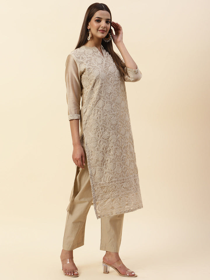 Embroidered Chanderi Kurta With Pants