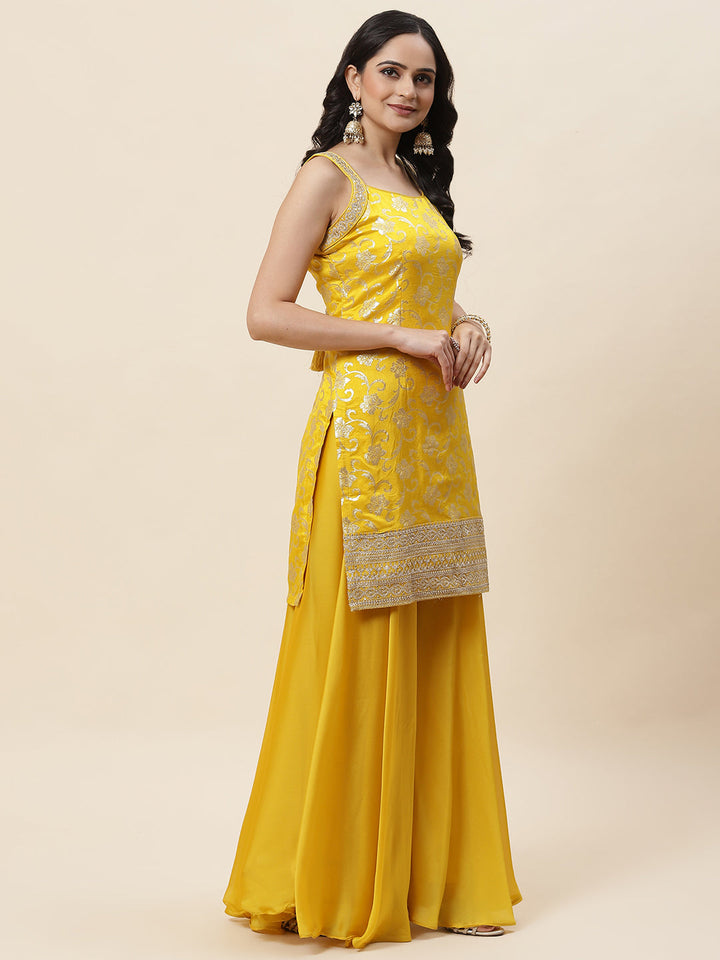Floral Woven Georgette Kurta With Sharara &amp; Dupatta