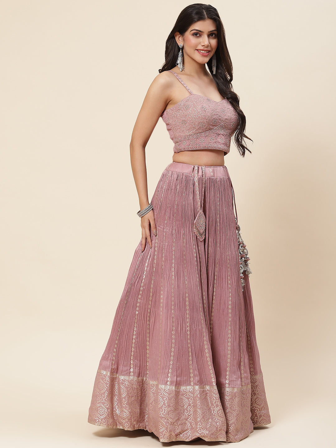 Sequin Embroidered Georgette Choli With Lehenga &amp; Dupatta