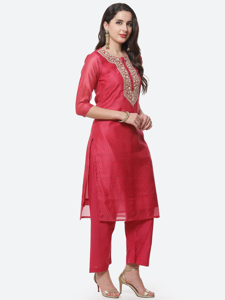Neck Embroidered Chanderi Kurti With Pant