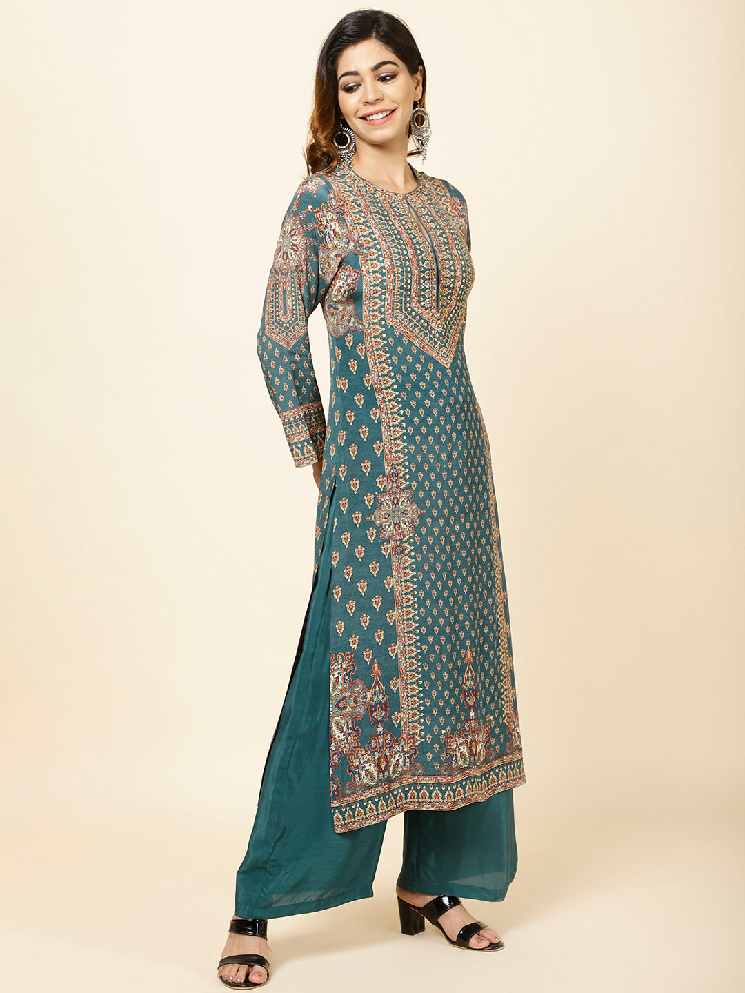 Digitally Printed Crepe Kurta With Palazzo & Dupatta