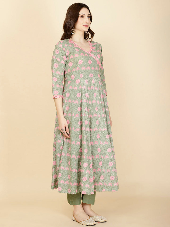 Floral Printed Cotton Anarkali Kurta With Pants