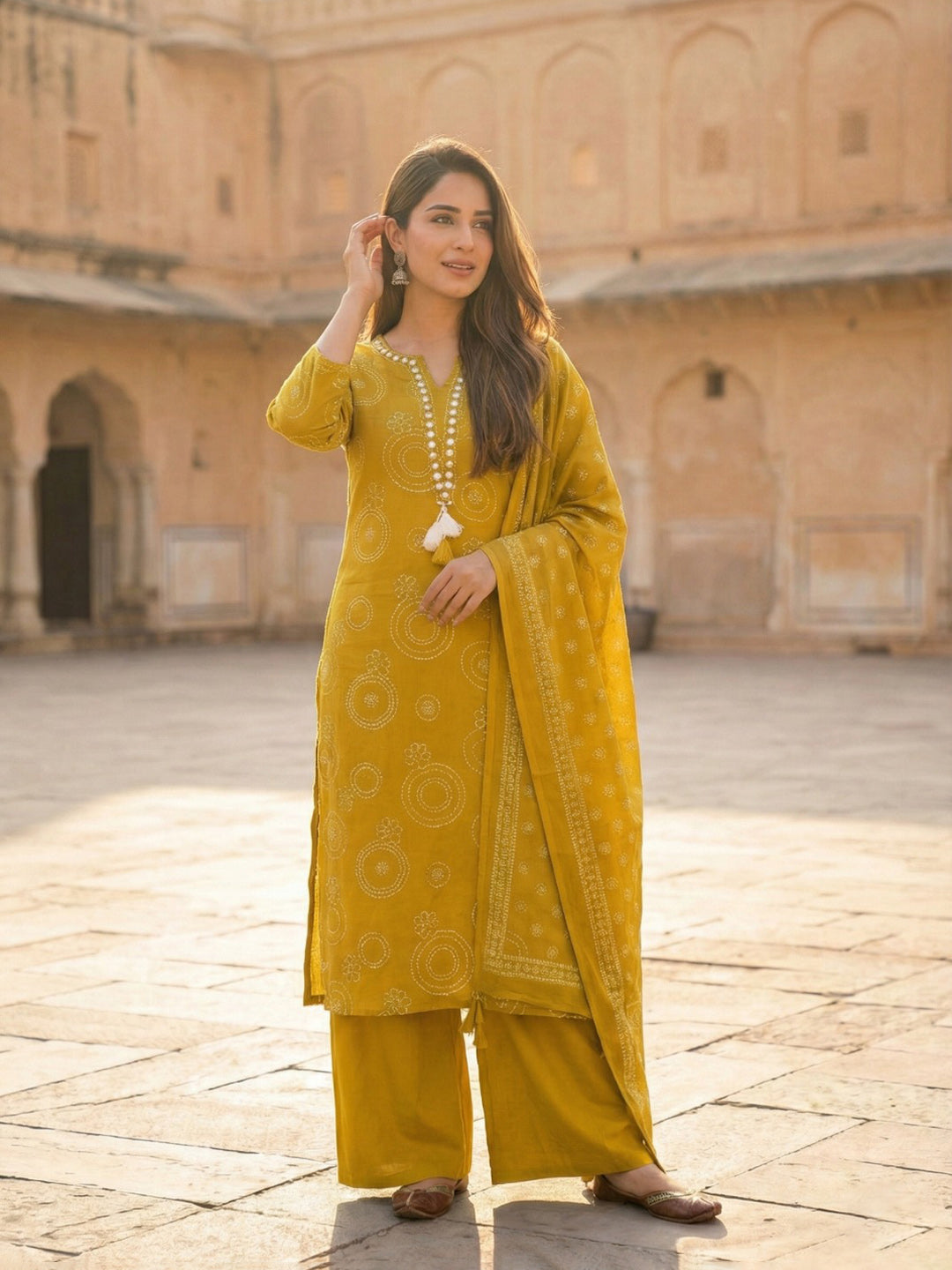 Mustard Cotton Blend Printed Straight Suit Set