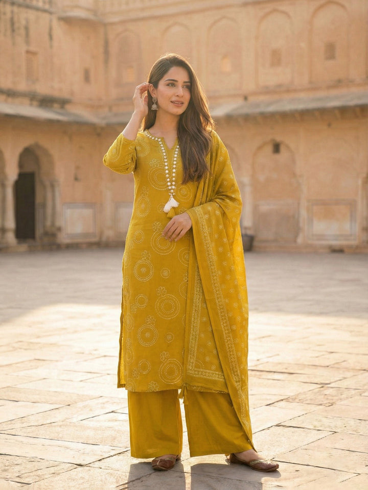 Mustard Cotton Blend Printed Straight Suit Set