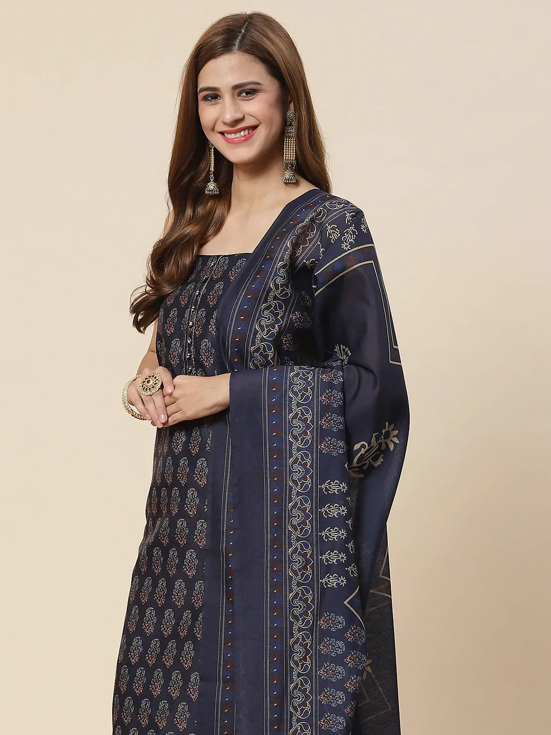 Indigo Printed Chanderi Unstitched Suit Piece With Dupatta