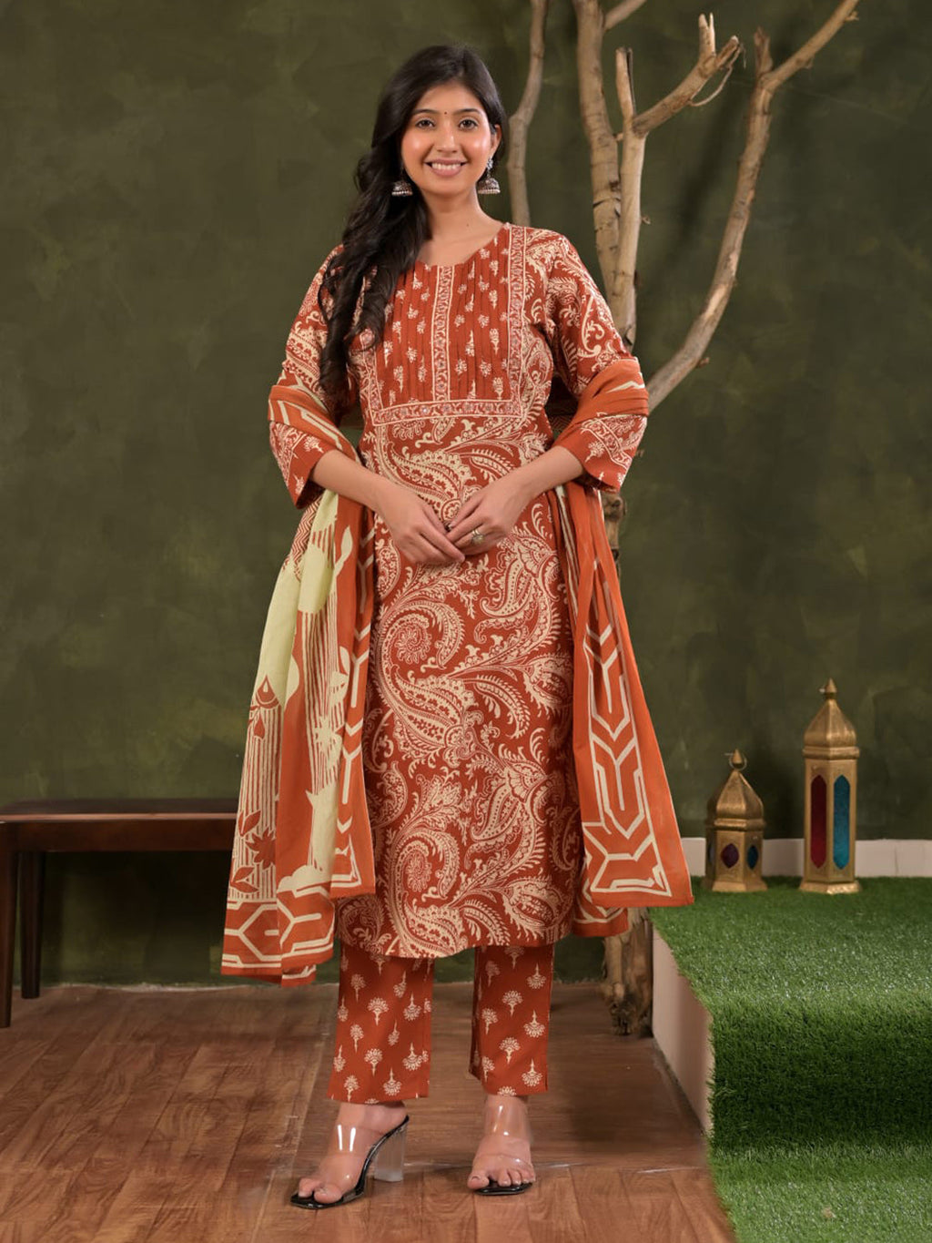 Red Embroidered Cotton Blend Straight Suit Set With Dupatta