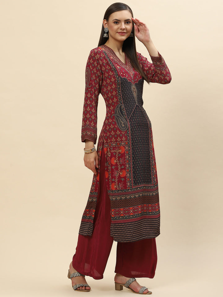 Digital Printed Crepe Kurta With Palazzo &amp; Net Dupatta